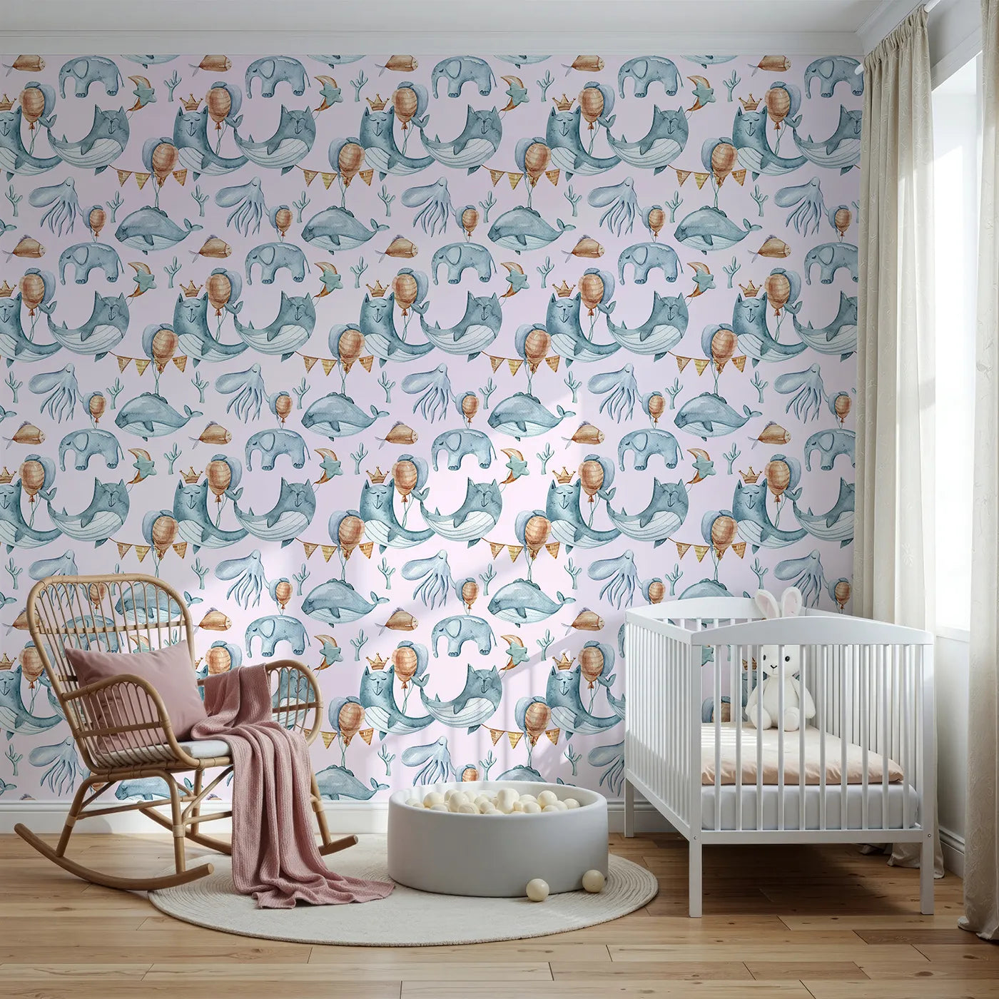 Front view of Whimsy Tots' Whale Balloon Parade Wallpaper in Blush Pink