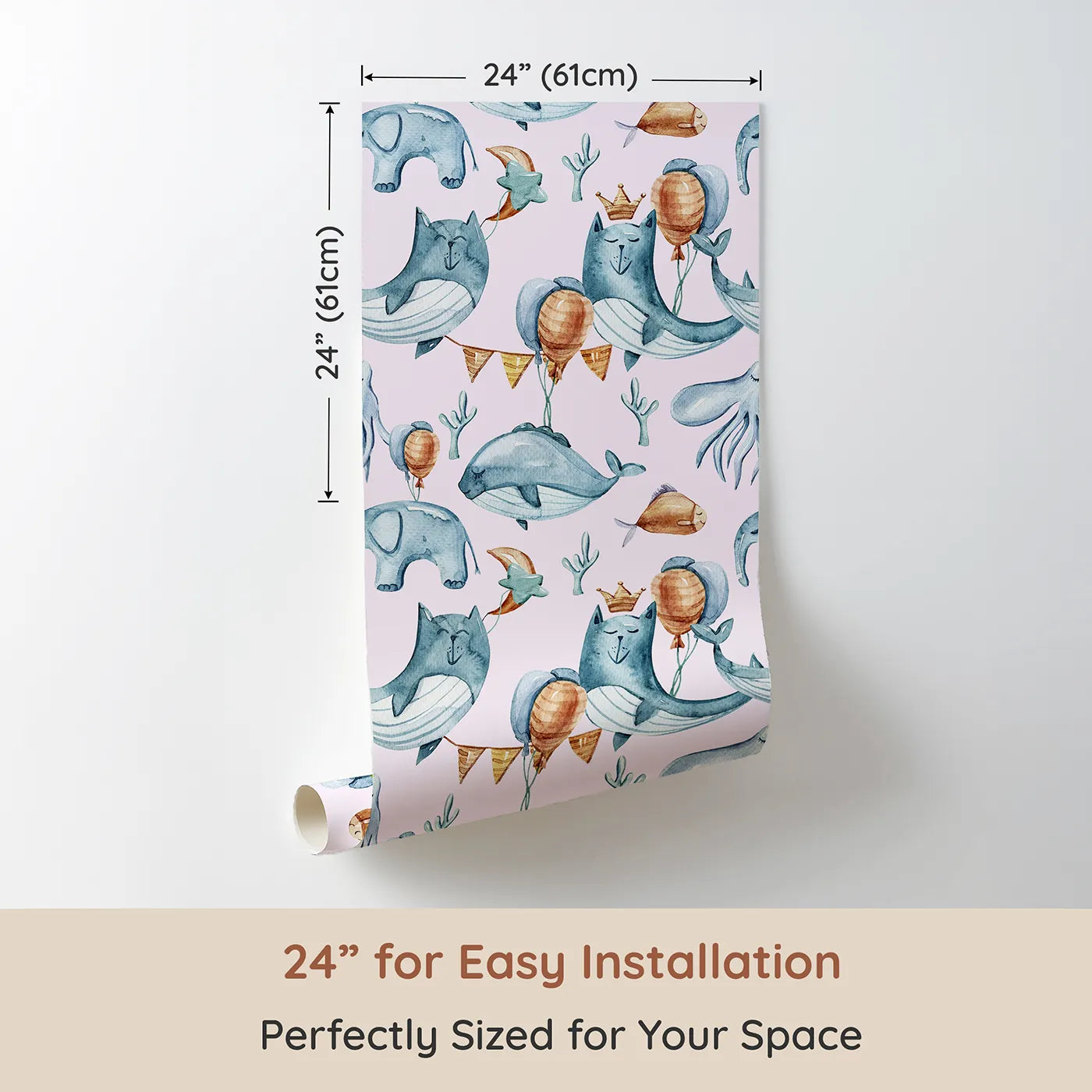 Dimension view of Whimsy Tots Whale Balloon Parade Wallpaper in Blush Pink (W3276B). Printed in 24-inch-wide panel for easy installation. Whales and sea friends drift skyward with party balloons and smiles.