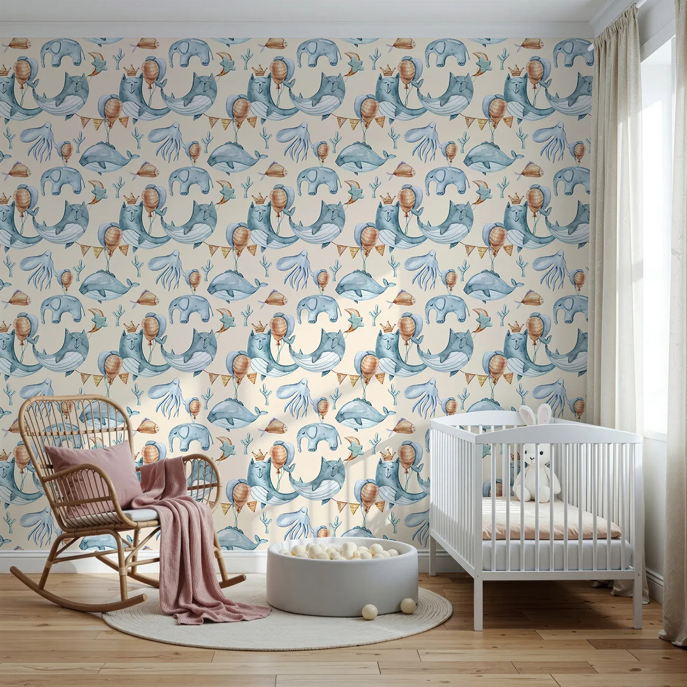 Front view of Whimsy Tots' Whale Balloon Parade Wallpaper in Cream