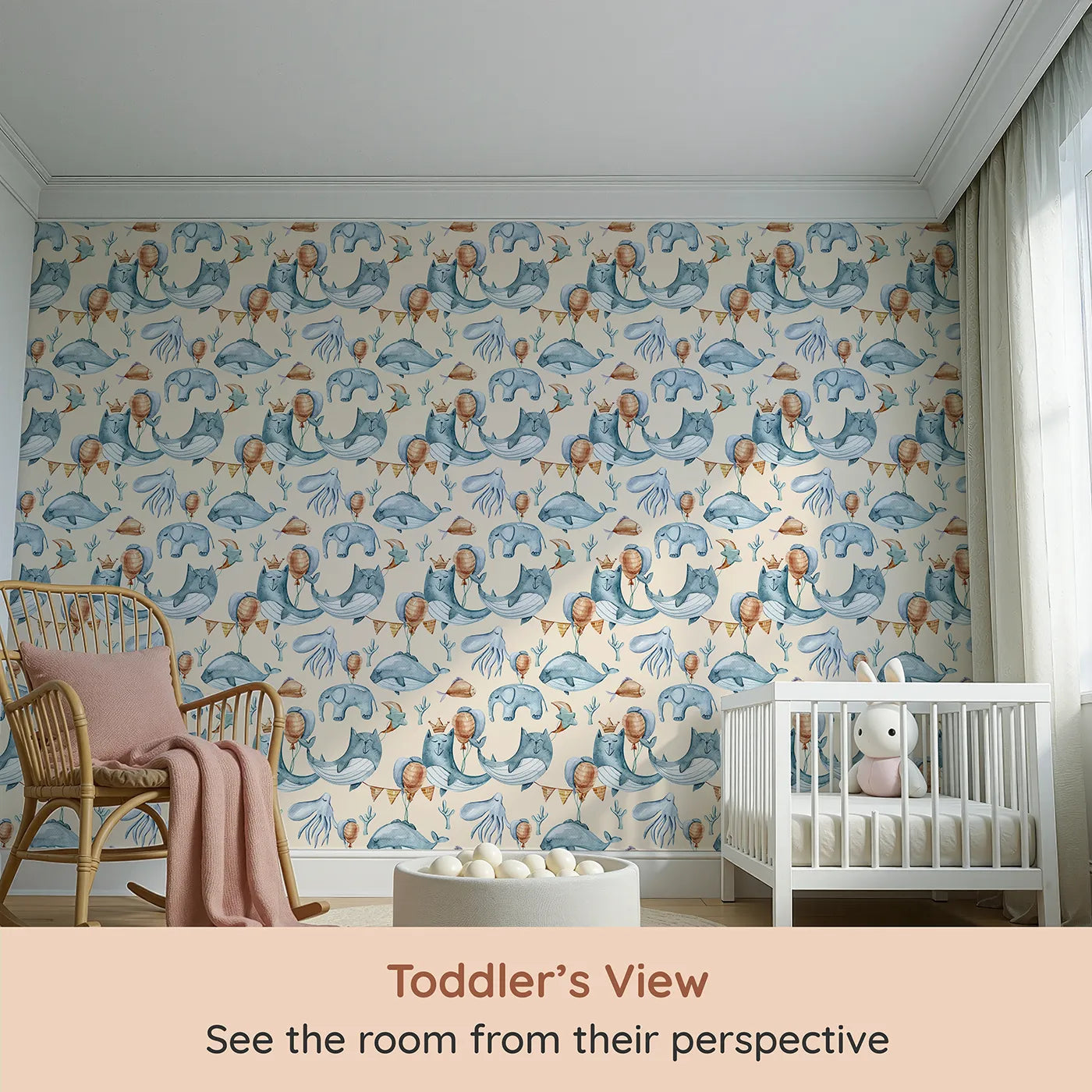 Whimsy Tots Whale Balloon Parade Wallpaper in Cream (W3276C) from your child's view.Let whales float and balloons rise in a gentle sea of celebration.
