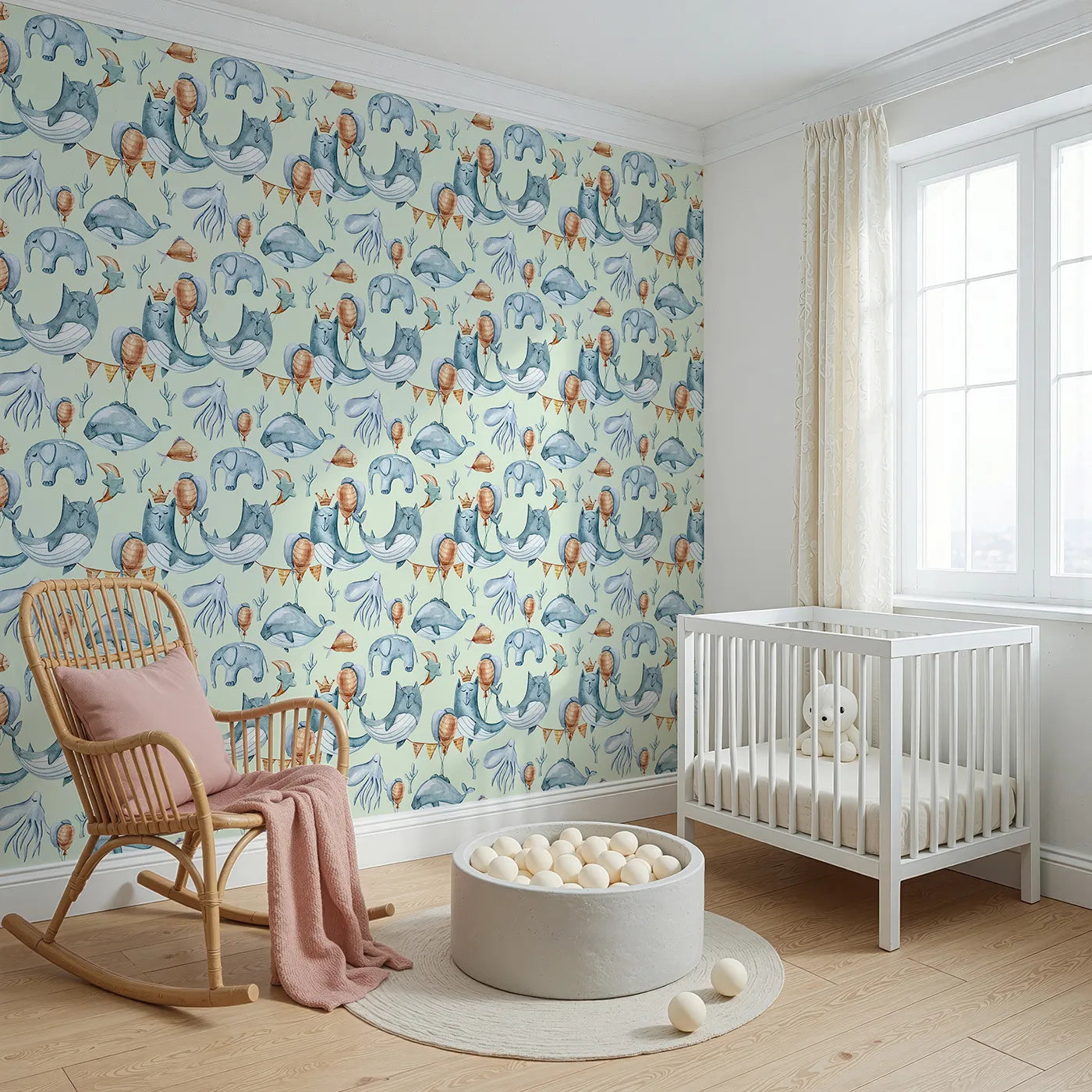 Angled view of Whimsy Tots' Whale Balloon Parade Wallpaper in Mint Green (W3276D).Whimsical whales and sea creatures float skyward through minty seas.