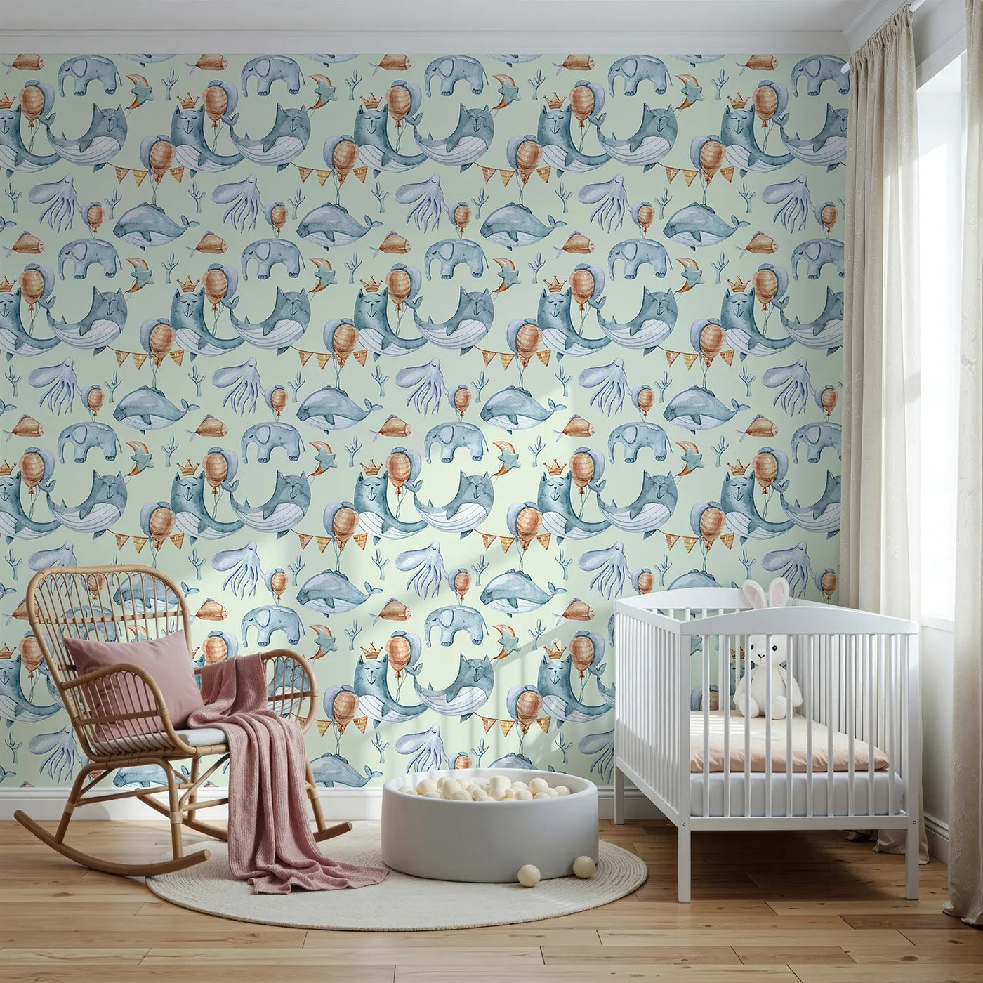 Front view of Whimsy Tots' Whale Balloon Parade Wallpaper in Mint Green