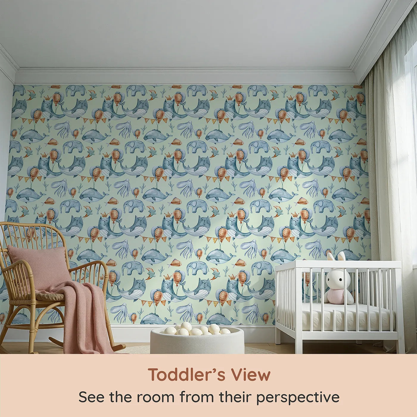 Whimsy Tots Whale Balloon Parade Wallpaper in Mint Green (W3276D) from your child's view.Whimsical whales and sea creatures float skyward through minty seas.