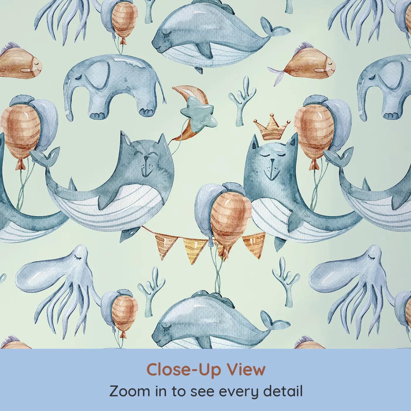 Close-up view of Whimsy Tots' Whale Balloon Parade Wallpaper in Mint Green (W3276D).Whimsical whales and sea creatures float skyward through minty seas.