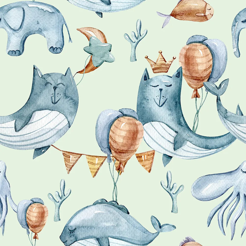 Where Whales and Balloons Dance in a Mint Sky