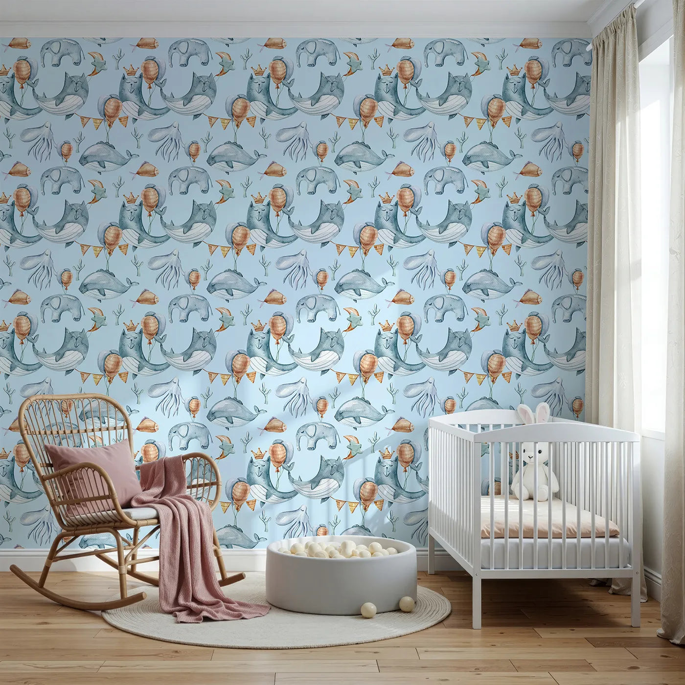 Front view of Whimsy Tots' Whale Balloon Parade Wallpaper in Sky Blue