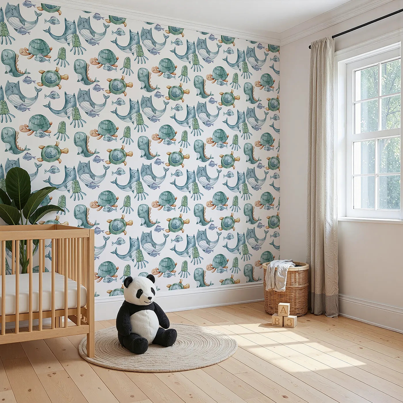 Angled view of Whimsy Tots' Ocean Daydream Creatures Wallpaper in White (W3277A).Turtles, whales, and sea creatures drift in a calm ocean of dreams.