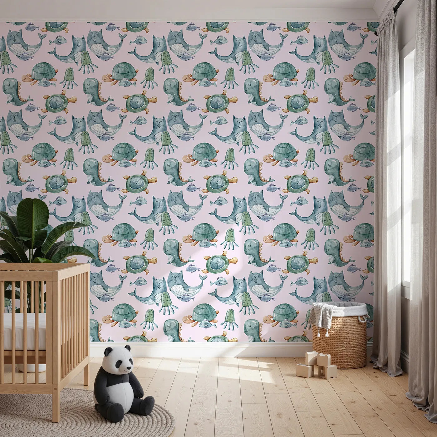 Front view of Whimsy Tots' Ocean Daydream Creatures Wallpaper in Blush Pink