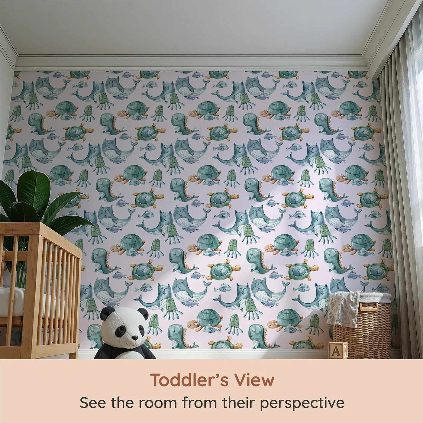 Whimsy Tots Ocean Daydream Creatures Wallpaper in Blush Pink (W3277B) from your child's view.Whales, turtles, and octopuses float softly through a rosy ocean dream.