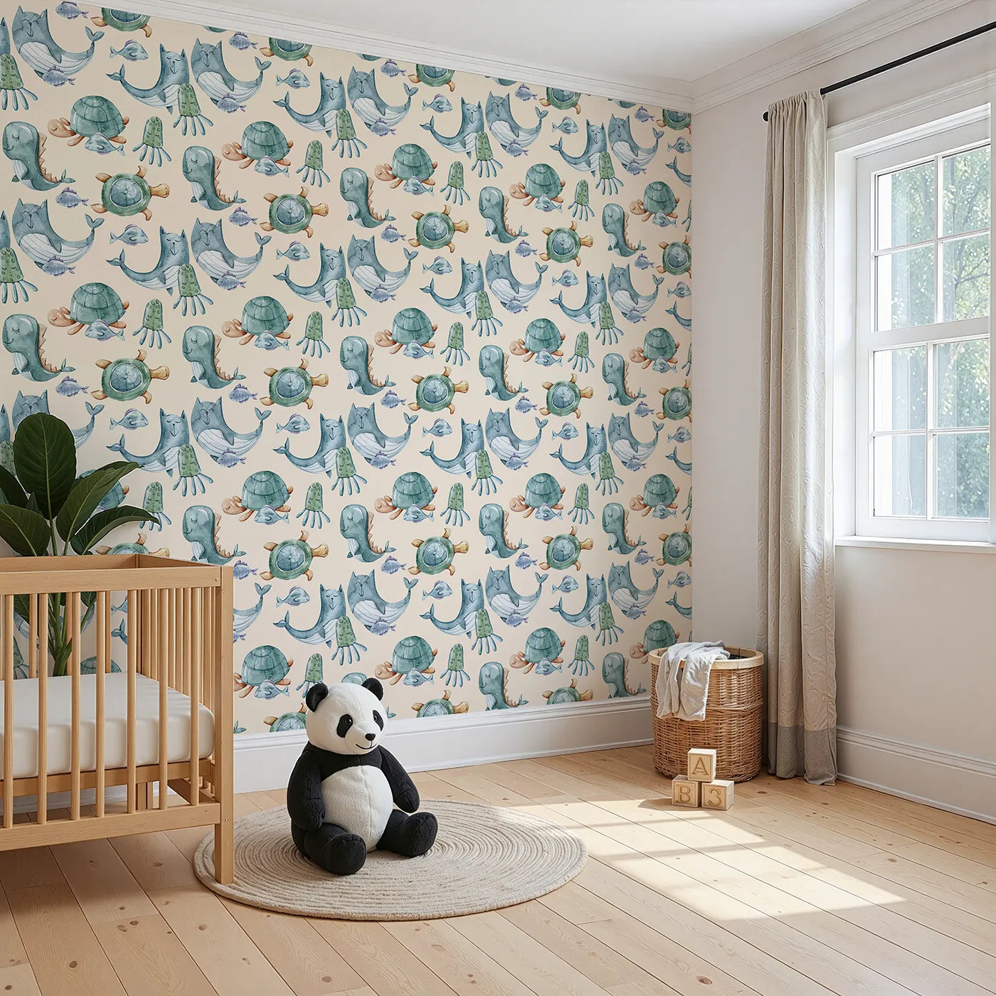 Angled view of Whimsy Tots' Ocean Daydream Creatures Wallpaper in Cream (W3277C).Sea creatures drift peacefully across a soft, creamy underwater dream.