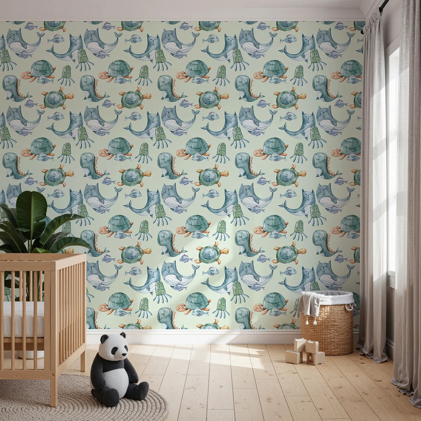 Front view of Whimsy Tots' Ocean Daydream Creatures Wallpaper in Mint Green