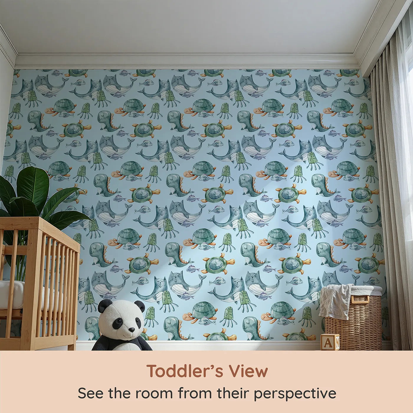 Whimsy Tots Ocean Daydream Creatures Wallpaper in Sky Blue (W3277E) from your child's view.Whales and turtles nap beneath a peaceful blue sea of dreams.