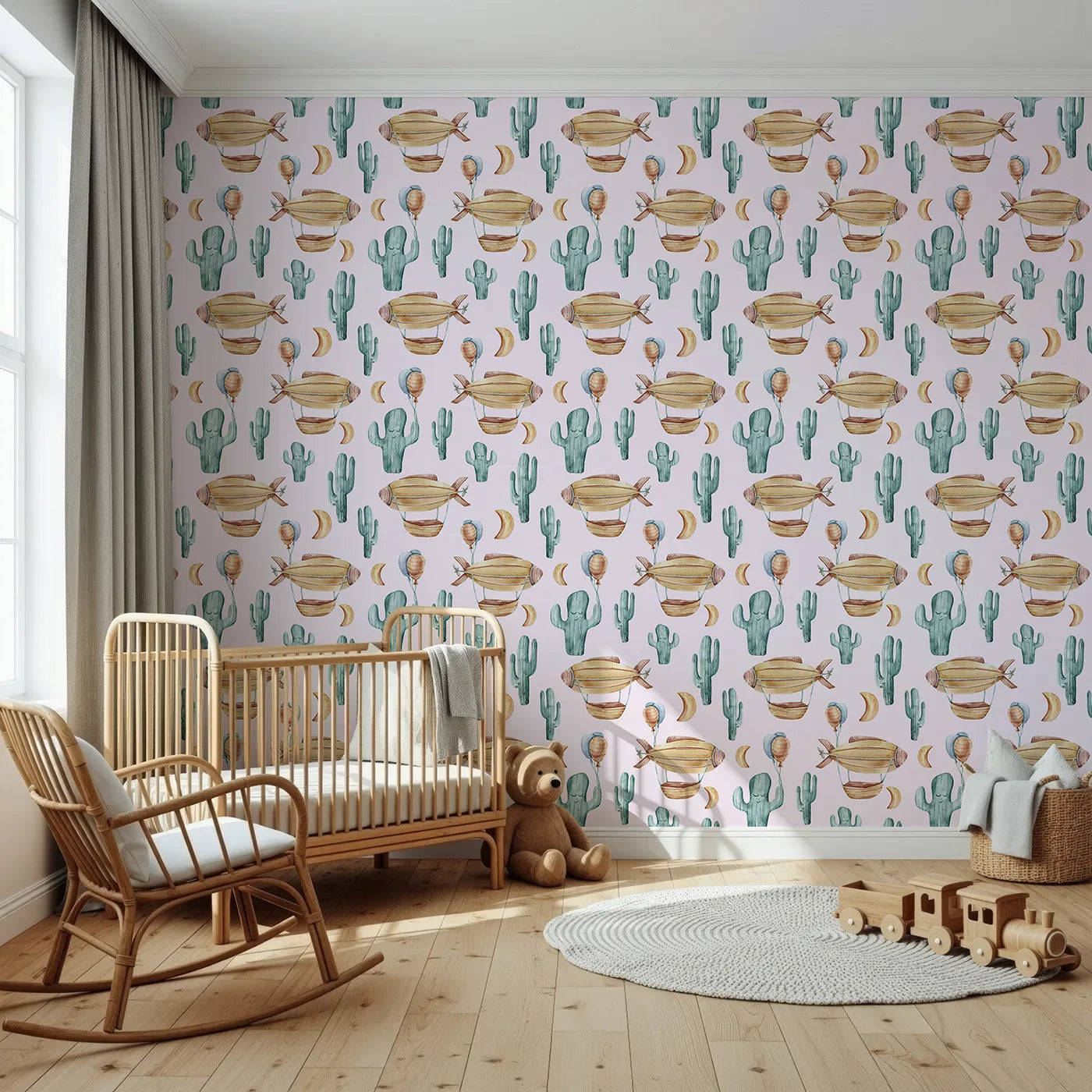 Front view of Whimsy Tots' Desert Balloon Voyage Wallpaper in Blush Pink