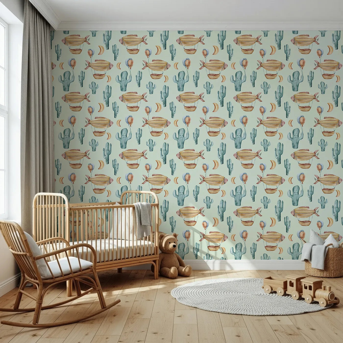 Front view of Whimsy Tots' Desert Balloon Voyage Wallpaper in Mint Green