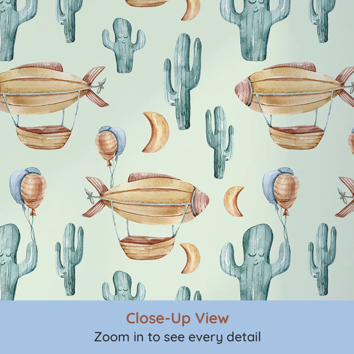 Close-up view of Whimsy Tots' Desert Balloon Voyage Wallpaper in Mint Green (W3278D).Cactus balloons, drifting moons, and sky-bound ships float in a minty dream.