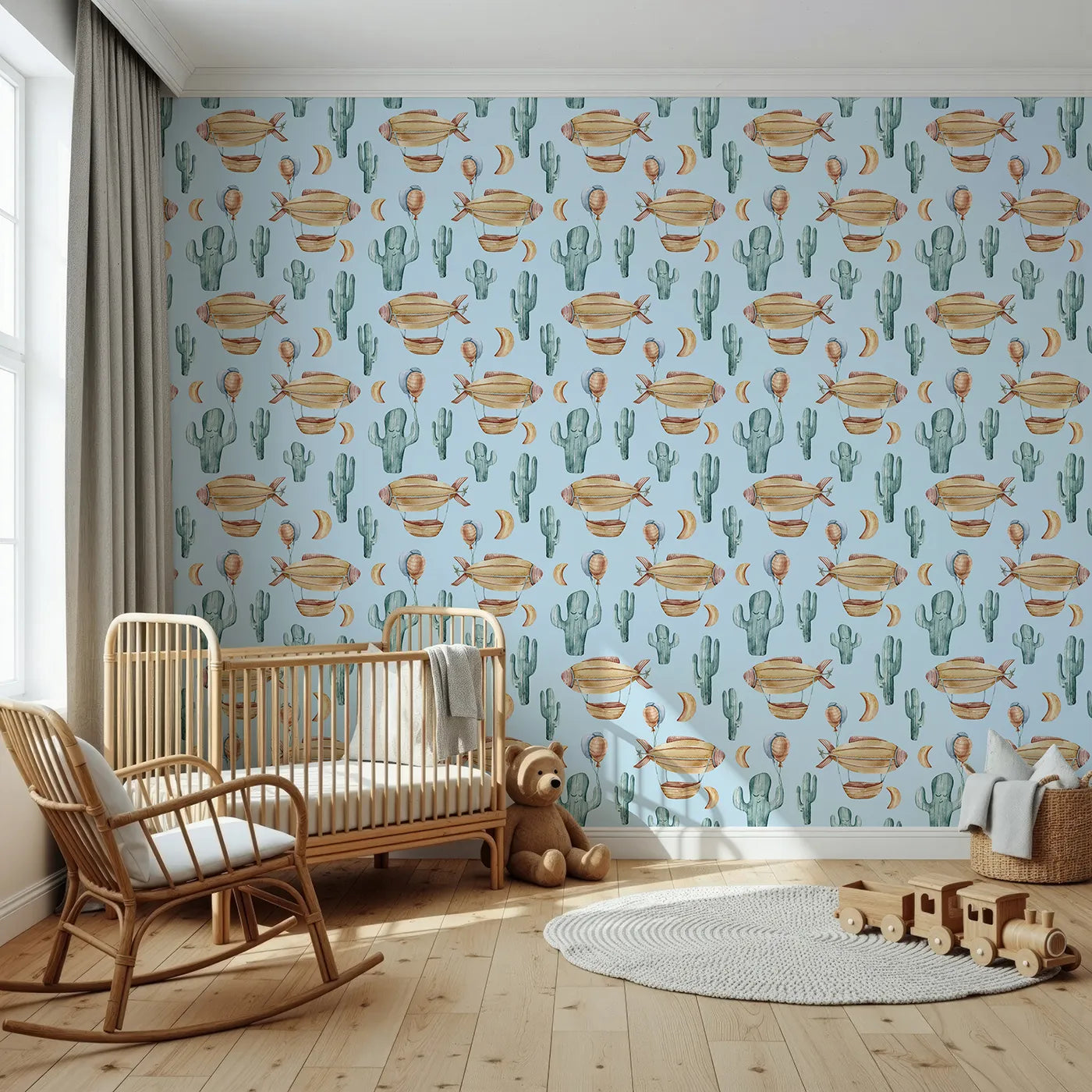 Front view of Whimsy Tots' Desert Balloon Voyage Wallpaper in Blue