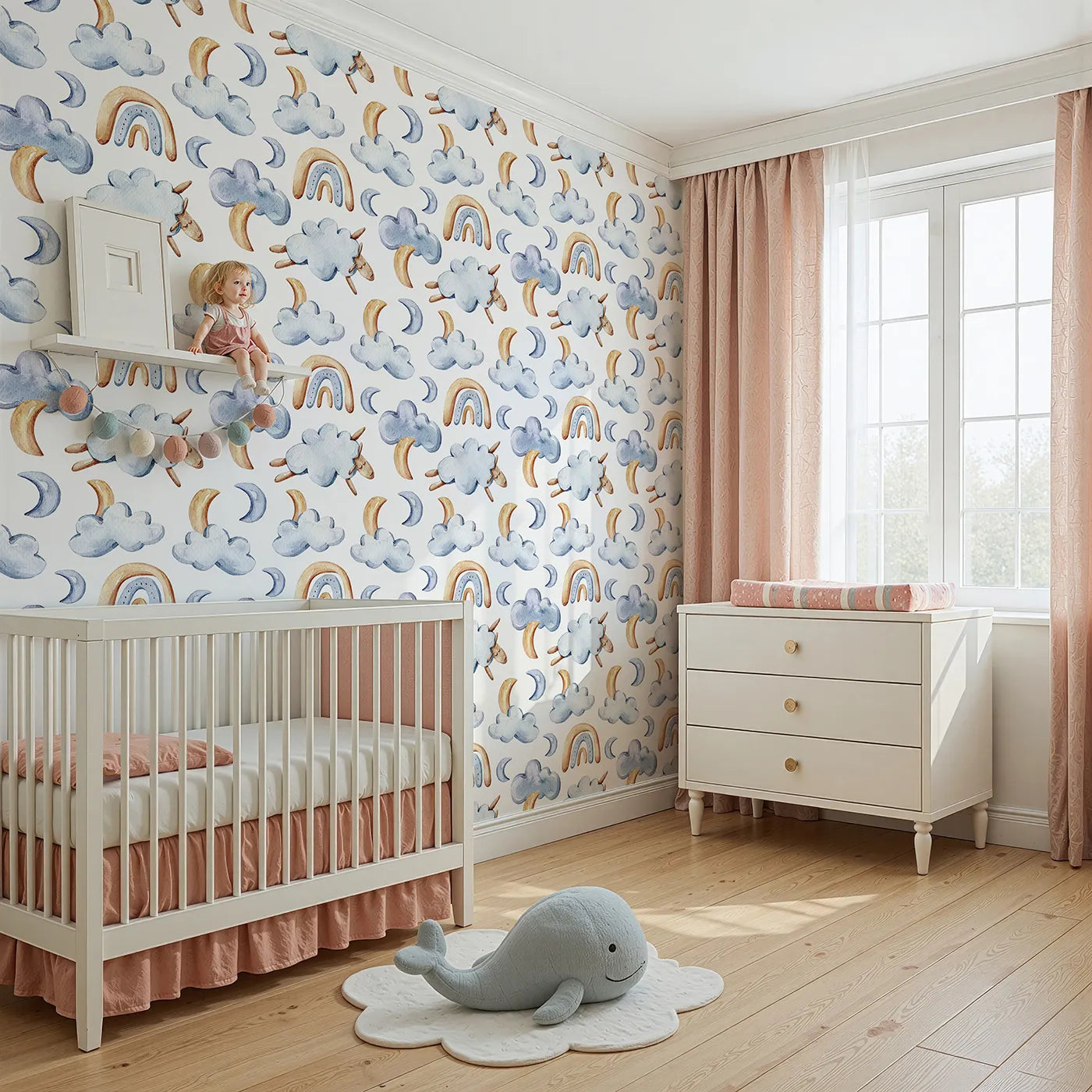 Angled view of Whimsy Tots' Sleepy Skies Wallpaper in White (W3279A).Floating sheep, sleepy moons, and watercolor rainbows drift through soft skies.