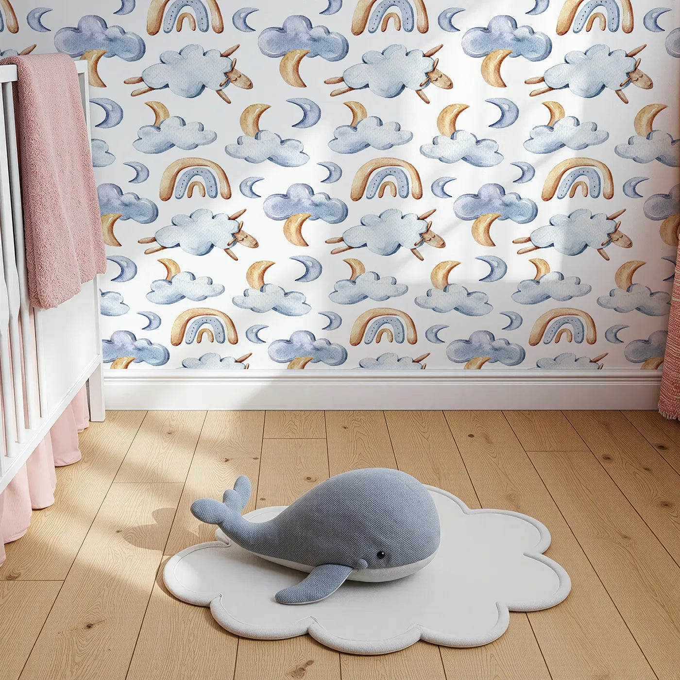 Top-Down view of Whimsy Tots' Sleepy Skies Wallpaper in White (W3279A).Floating sheep, sleepy moons, and watercolor rainbows drift through soft skies.