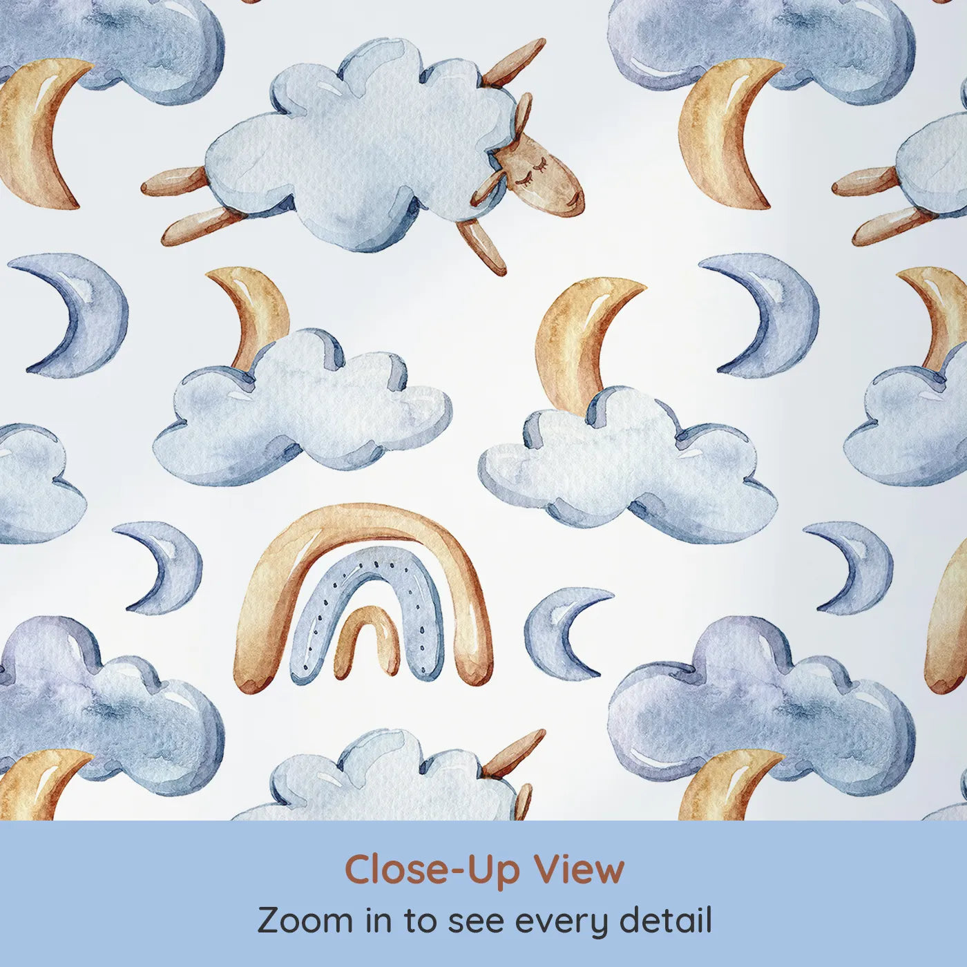 Close-up view of Whimsy Tots' Sleepy Skies Wallpaper in White (W3279A).Floating sheep, sleepy moons, and watercolor rainbows drift through soft skies.