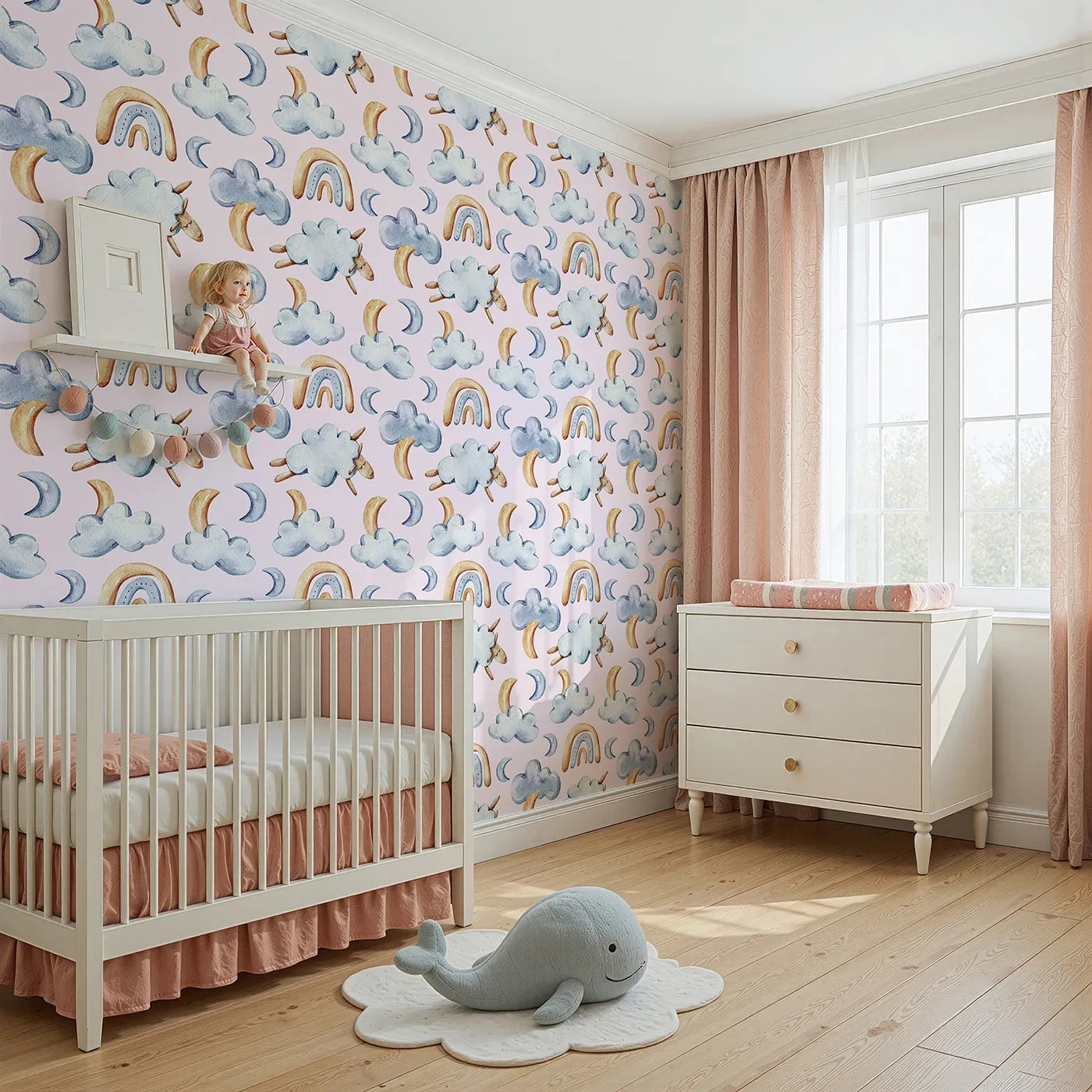 Angled view of Whimsy Tots' Sleepy Skies Wallpaper in Blush Pink (W3279B).Crescent moons and cozy sheep float through a soft pink sky of dreams.