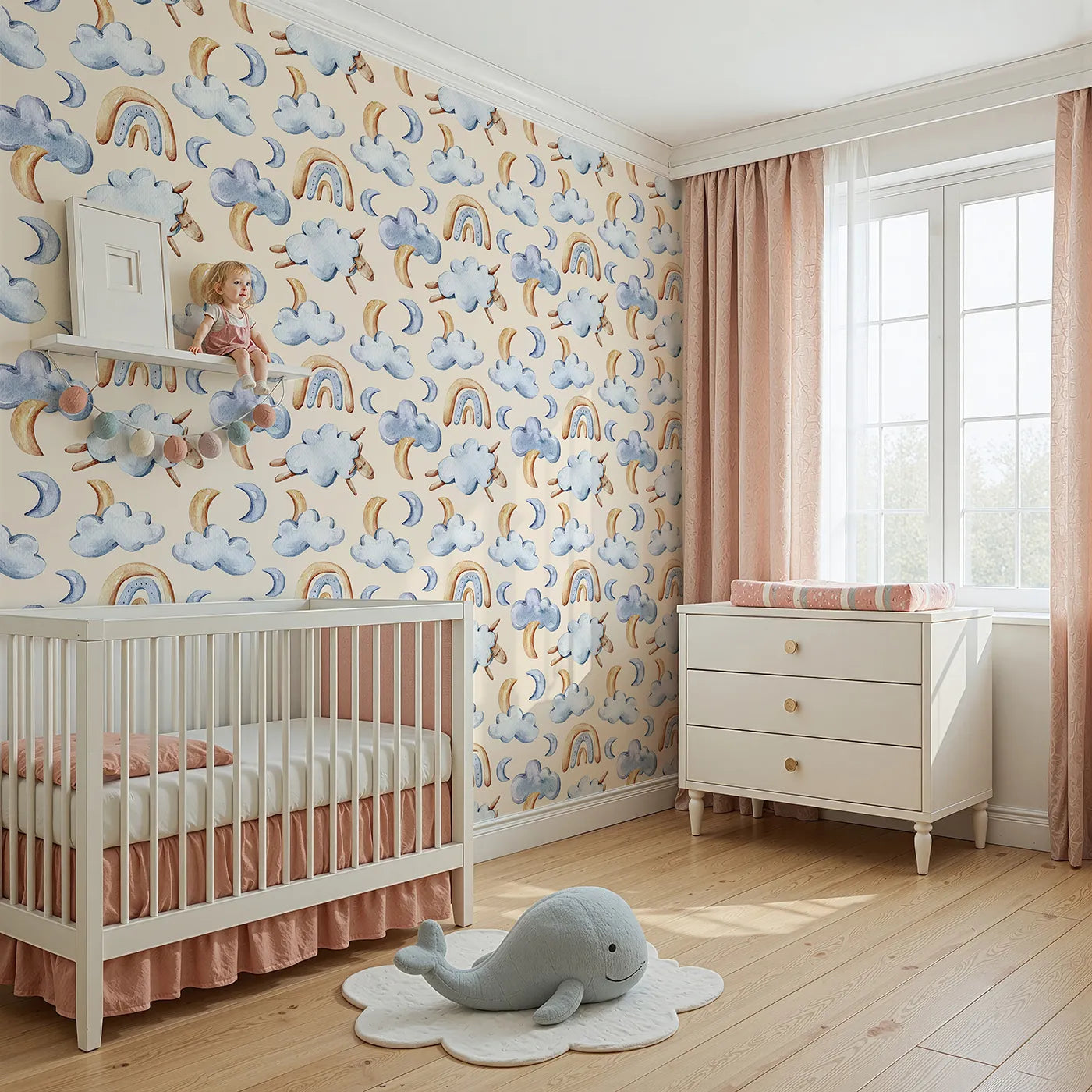 Angled view of Whimsy Tots' Sleepy Skies Wallpaper in Cream (W3279C).Soft clouds and sleepy sheep float through a warm and cozy cream sky.