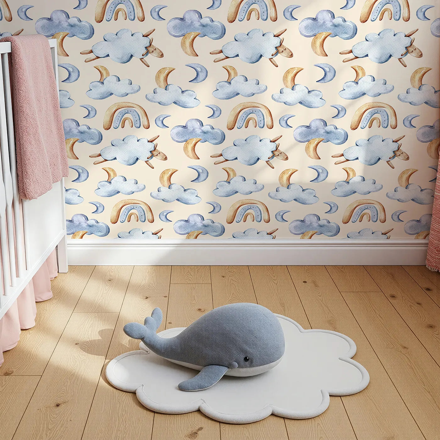 Top-Down view of Whimsy Tots' Sleepy Skies Wallpaper in Cream (W3279C).Soft clouds and sleepy sheep float through a warm and cozy cream sky.