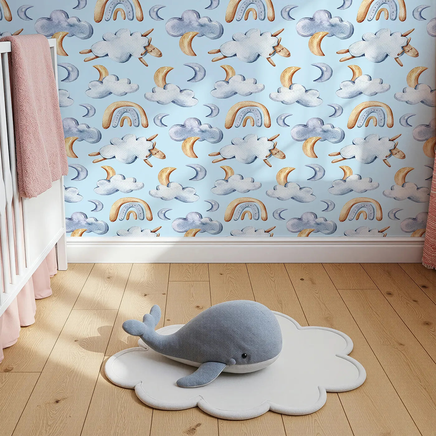 Top-Down view of Whimsy Tots' Sleepy Skies Wallpaper in Blue (W3279E).Drift into dreamland with floating sheep and sleepy moons in soft sky blues.