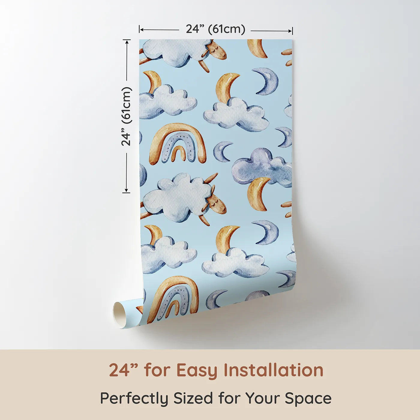 Dimension view of Whimsy Tots Sleepy Skies Wallpaper in Blue (W3279E). Printed in 24-inch-wide panel for easy installation. Drift into dreamland with floating sheep and sleepy moons in soft sky blues.