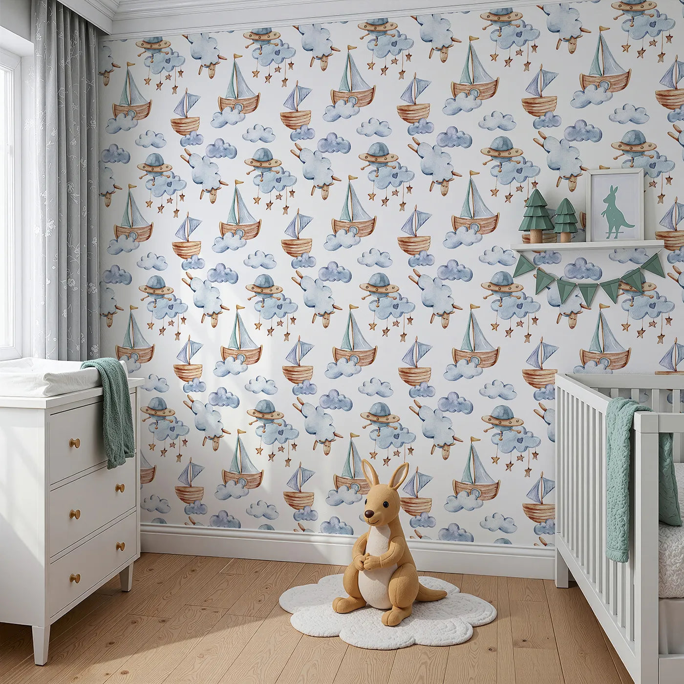 Angled view of Whimsy Tots' Cloud Sailor Dreams Wallpaper in White (W3280A).Wooden boats, sleepy sheep, and floating clouds set sail across a dreamy sky.