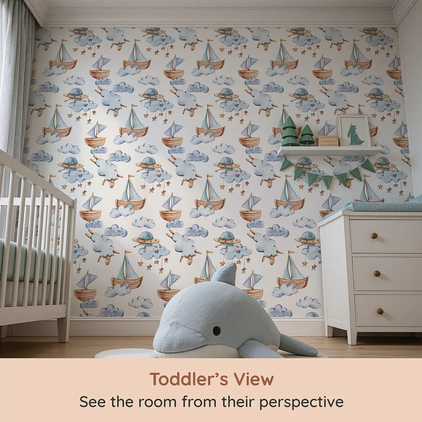 Whimsy Tots Cloud Sailor Dreams Wallpaper in White (W3280A) from your child's view.Wooden boats, sleepy sheep, and floating clouds set sail across a dreamy sky.