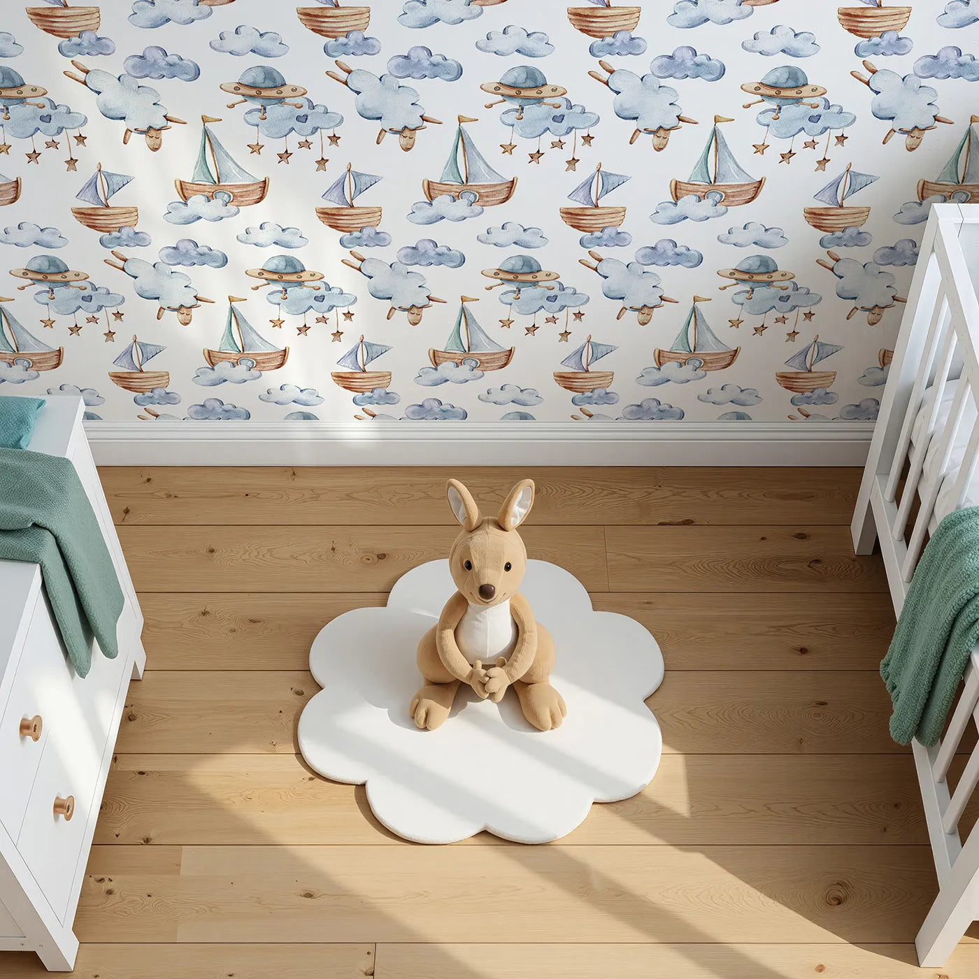 Top-Down view of Whimsy Tots' Cloud Sailor Dreams Wallpaper in White (W3280A).Wooden boats, sleepy sheep, and floating clouds set sail across a dreamy sky.