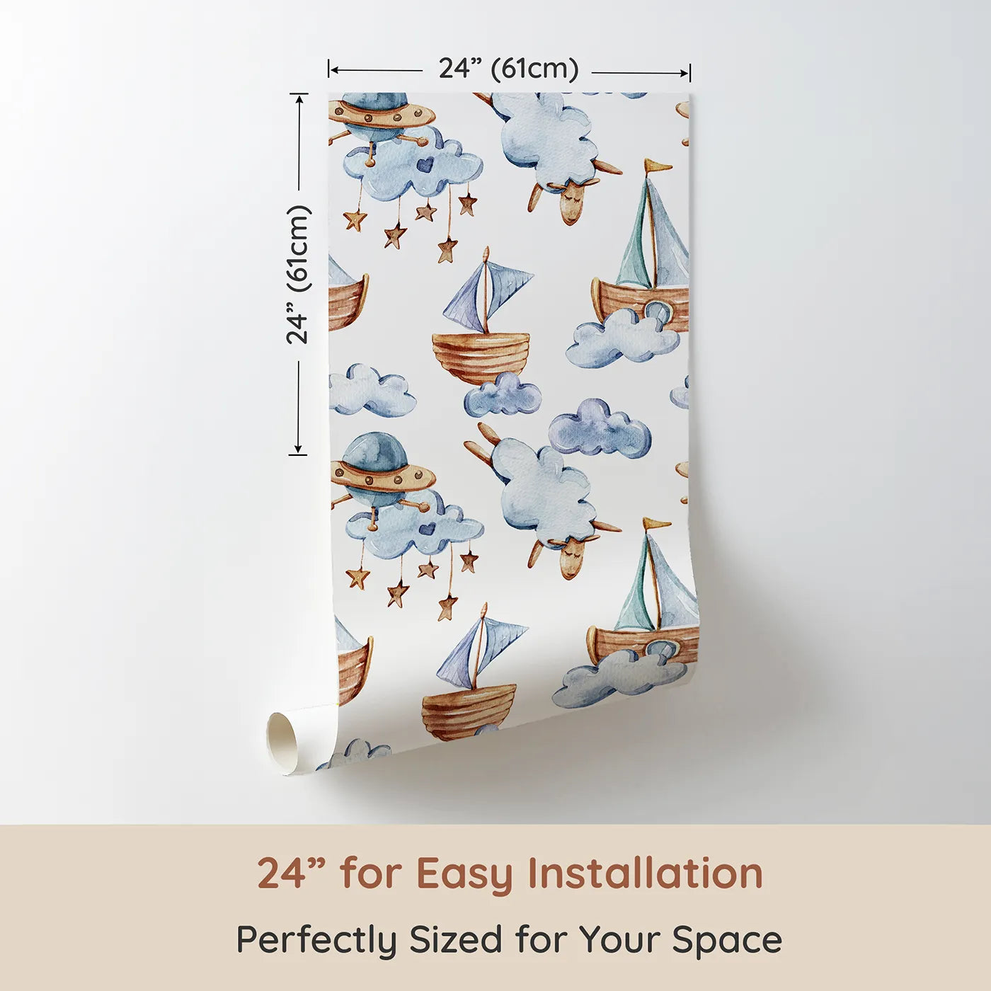 Dimension view of Whimsy Tots Cloud Sailor Dreams Wallpaper in White (W3280A). Printed in 24-inch-wide panel for easy installation. Wooden boats, sleepy sheep, and floating clouds set sail across a dreamy sky.
