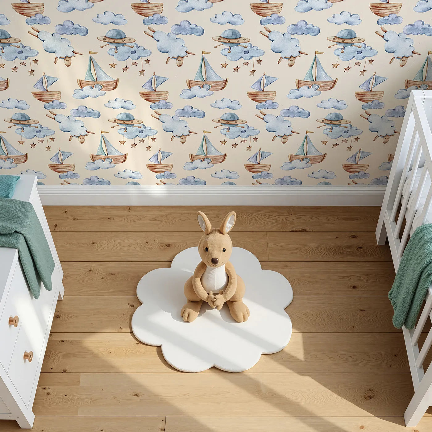 Top-Down view of Whimsy Tots' Cloud Sailor Dreams Wallpaper in Cream (W3280C).Star mobiles and storybook ships float through a cozy cream sky.