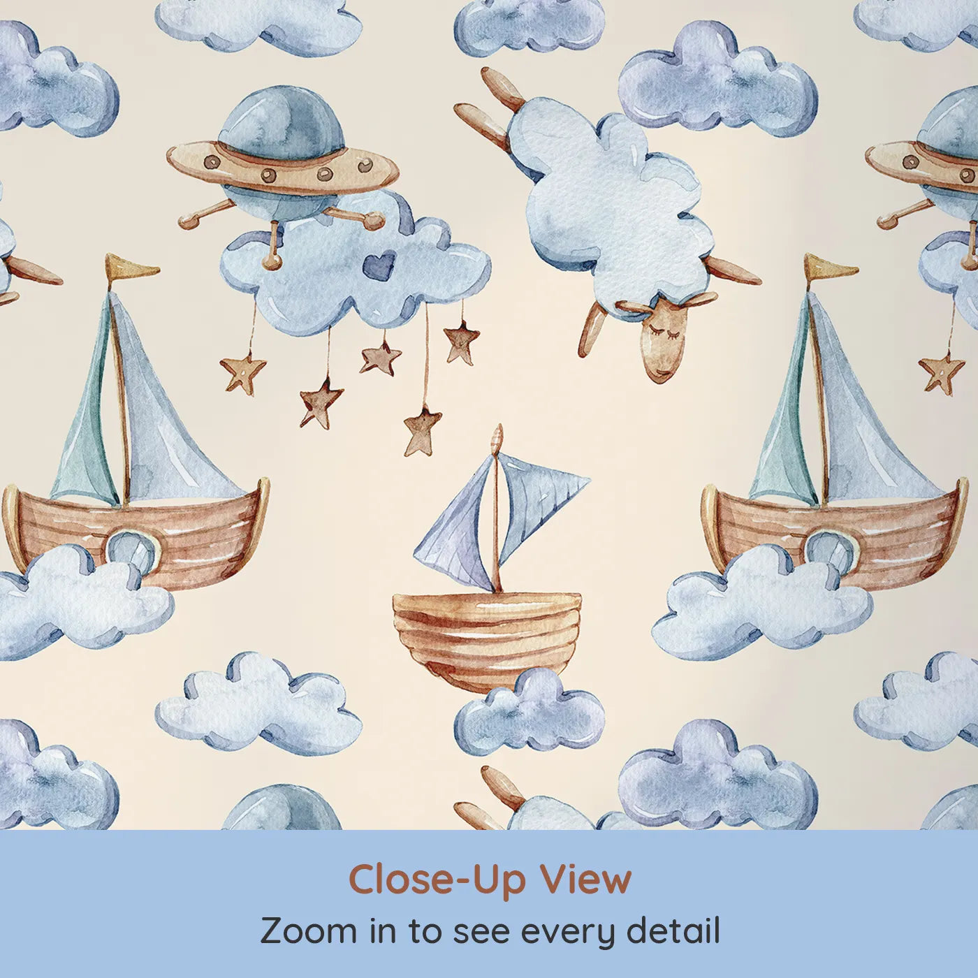 Close-up view of Whimsy Tots' Cloud Sailor Dreams Wallpaper in Cream (W3280C).Star mobiles and storybook ships float through a cozy cream sky.