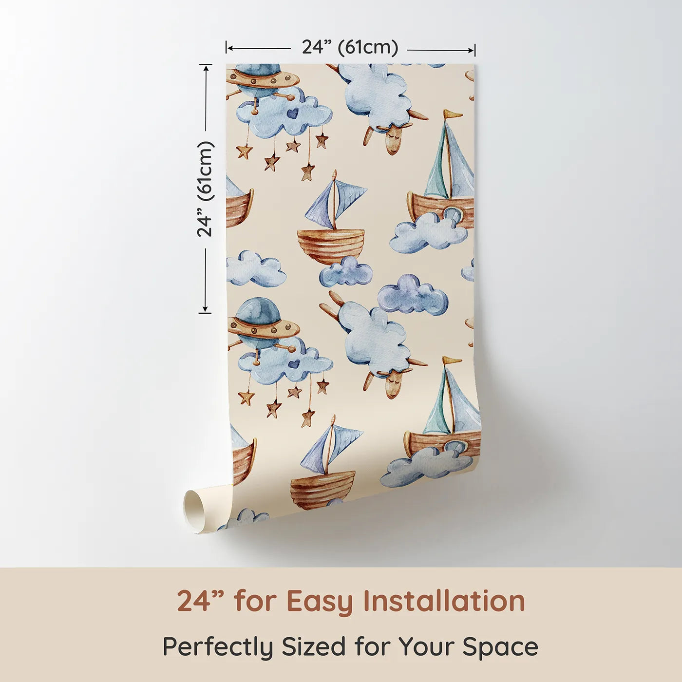 Dimension view of Whimsy Tots Cloud Sailor Dreams Wallpaper in Cream (W3280C). Printed in 24-inch-wide panel for easy installation. Star mobiles and storybook ships float through a cozy cream sky.