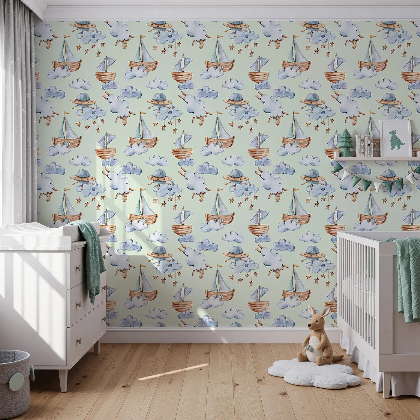 Front view of Whimsy Tots' Cloud Sailor Dreams Wallpaper in Mint Green