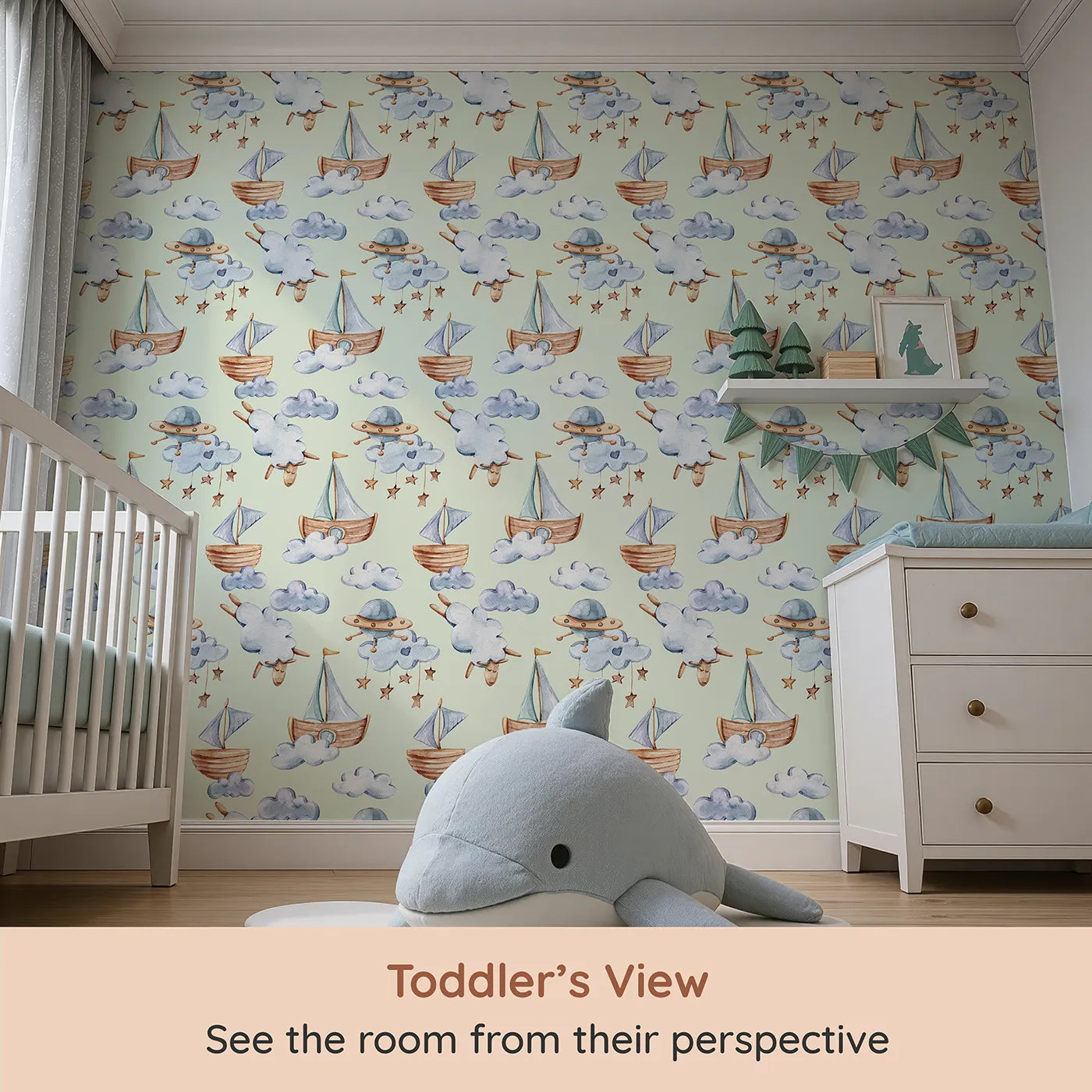 Whimsy Tots Cloud Sailor Dreams Wallpaper in Mint Green (W3280D) from your child's view.Sailboats and starlit clouds float gently across a minty sky of dreams.