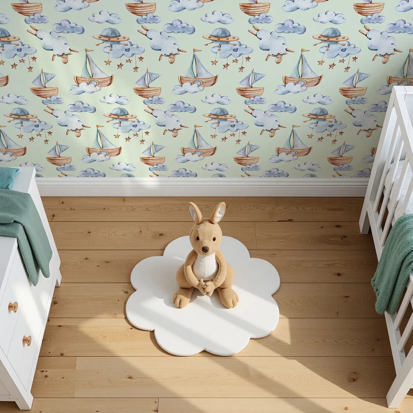 Top-Down view of Whimsy Tots' Cloud Sailor Dreams Wallpaper in Mint Green (W3280D).Sailboats and starlit clouds float gently across a minty sky of dreams.