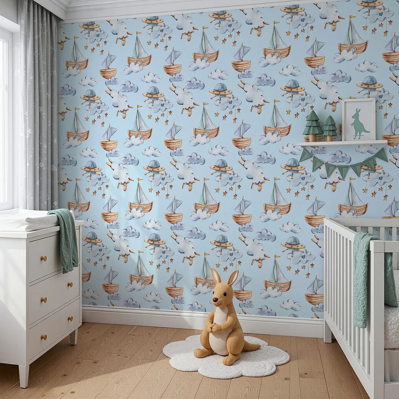 Angled view of Whimsy Tots' Cloud Sailor Dreams Wallpaper in Blue (W3280E).Starry ships and sleepy sheep float gently through a sky-blue dream.