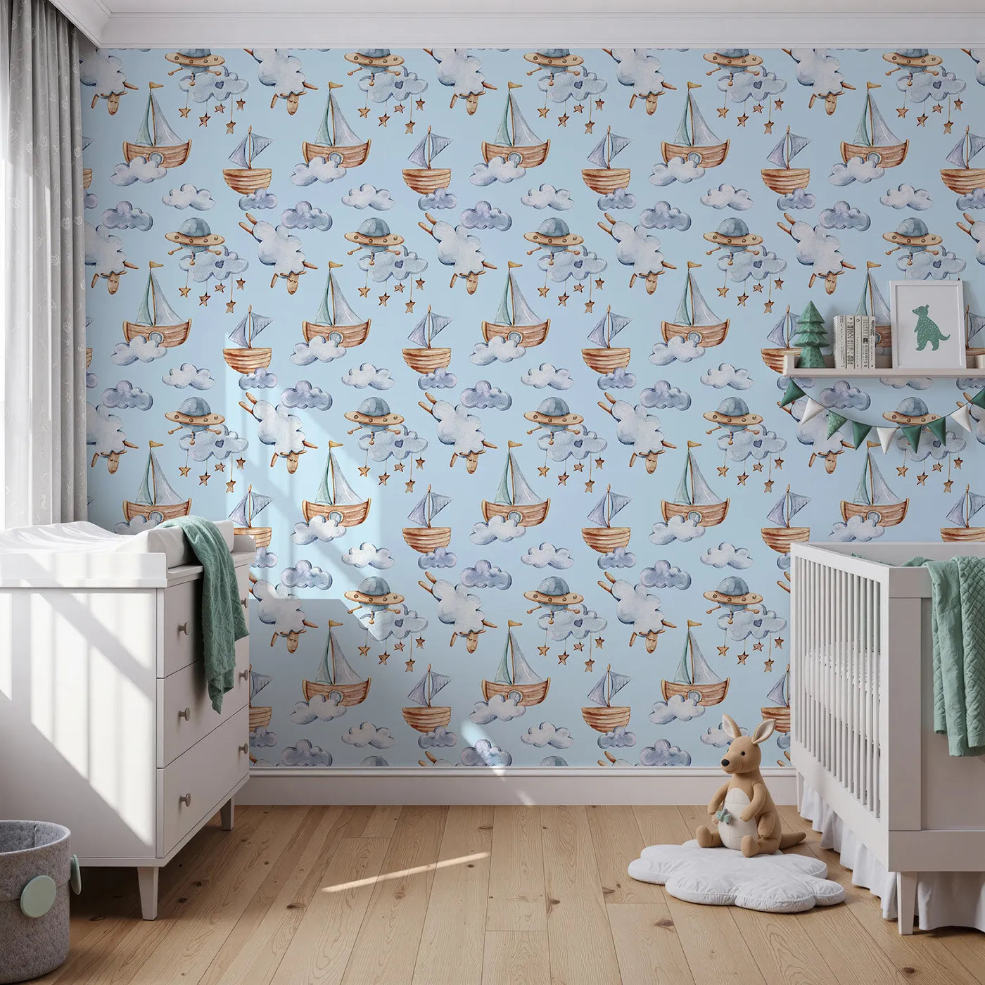 Front view of Whimsy Tots' Cloud Sailor Dreams Wallpaper in Blue