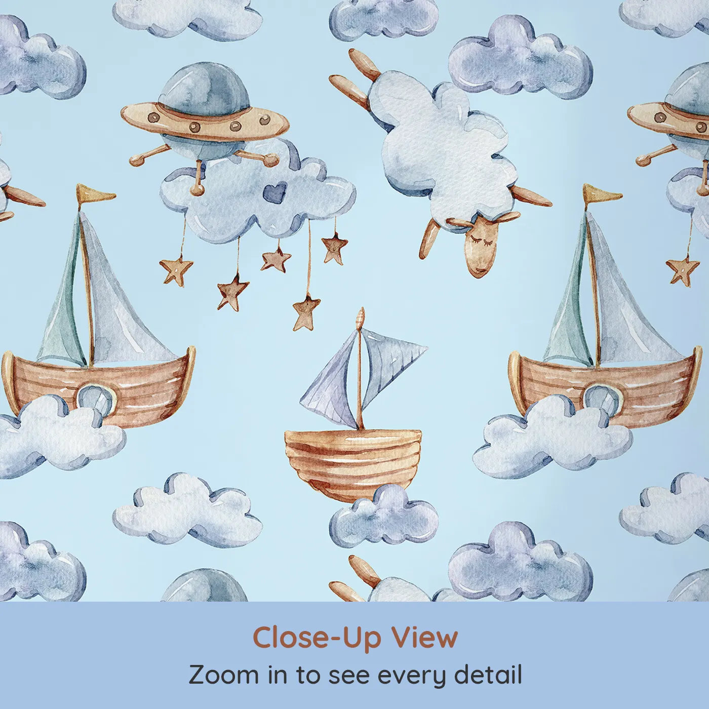 Close-up view of Whimsy Tots' Cloud Sailor Dreams Wallpaper in Blue (W3280E).Starry ships and sleepy sheep float gently through a sky-blue dream.