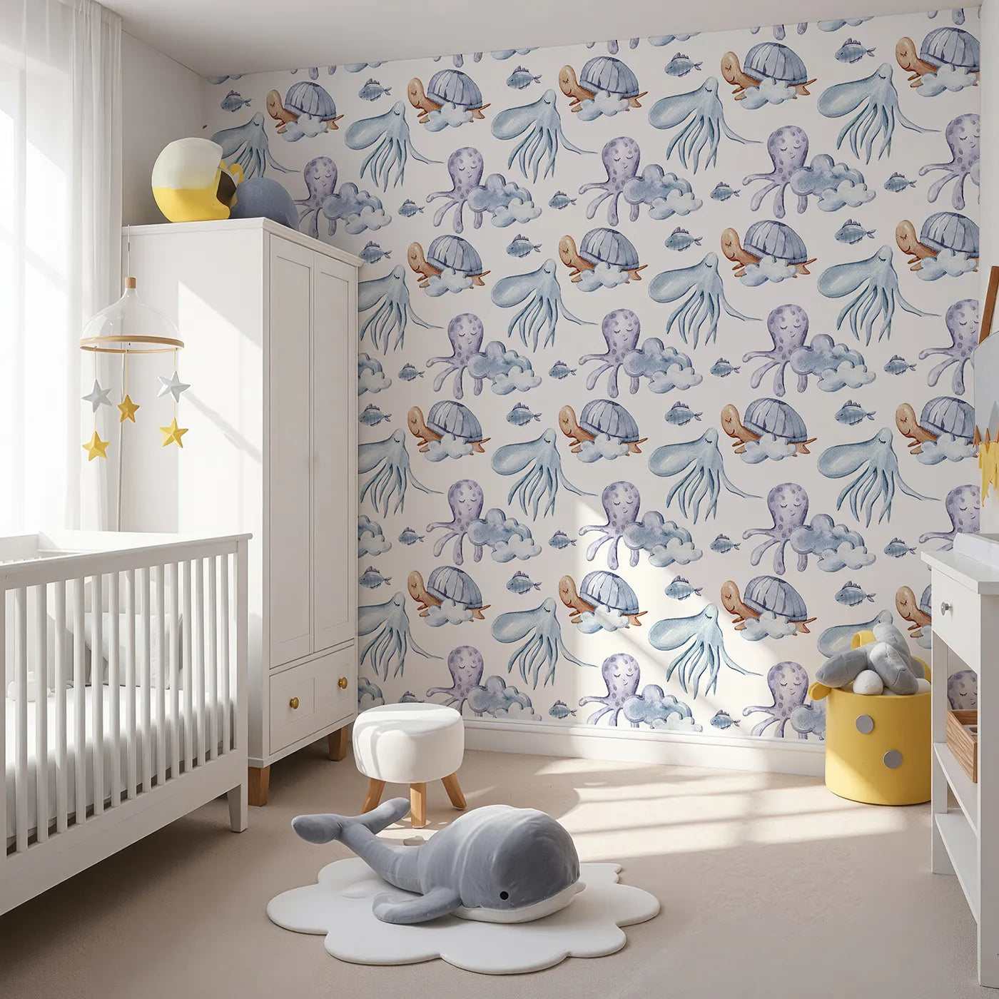 Angled view of Whimsy Tots' Ocean Dreams Wallpaper in White (W3281A).Gentle sea creatures float through clouds and dreams in soft ocean hues.