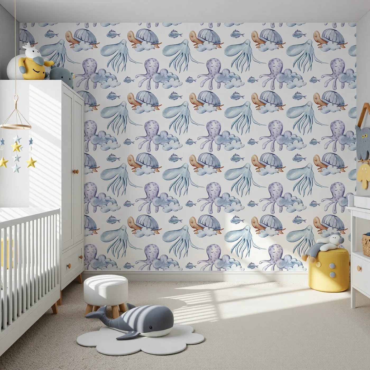 Front view of Whimsy Tots' Ocean Dreams Wallpaper in White