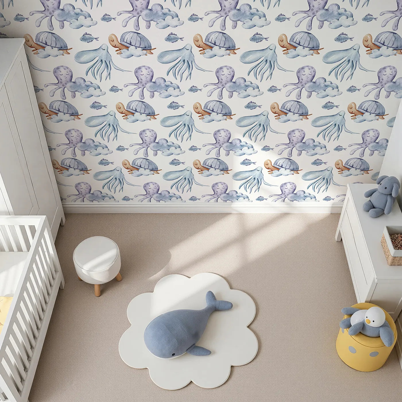Top-Down view of Whimsy Tots' Ocean Dreams Wallpaper in White (W3281A).Gentle sea creatures float through clouds and dreams in soft ocean hues.