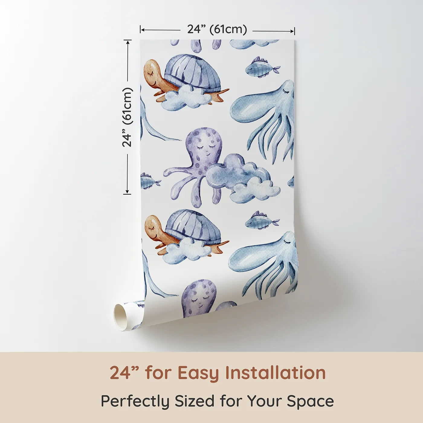 Dimension view of Whimsy Tots Ocean Dreams Wallpaper in White (W3281A). Printed in 24-inch-wide panel for easy installation. Gentle sea creatures float through clouds and dreams in soft ocean hues.