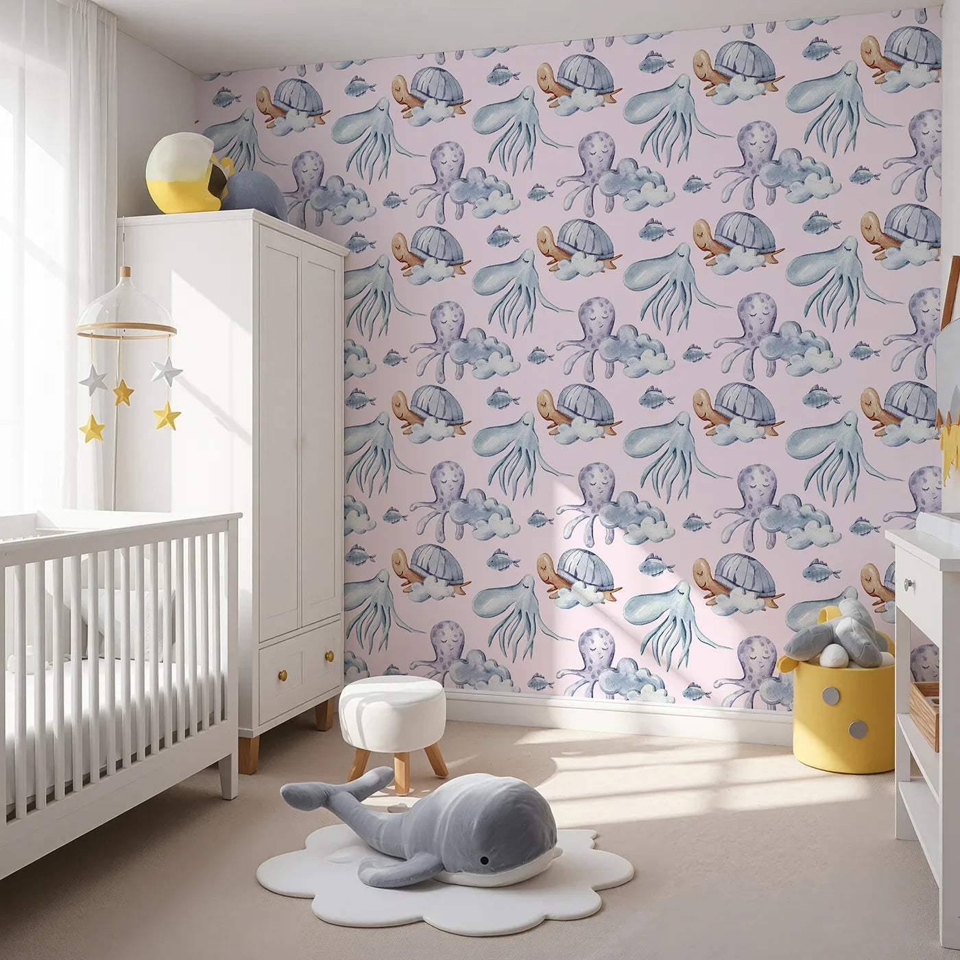 Angled view of Whimsy Tots' Ocean Dreams Wallpaper in Blush Pink (W3281B).Soft sea creatures float gently through pink skies and puffy clouds.