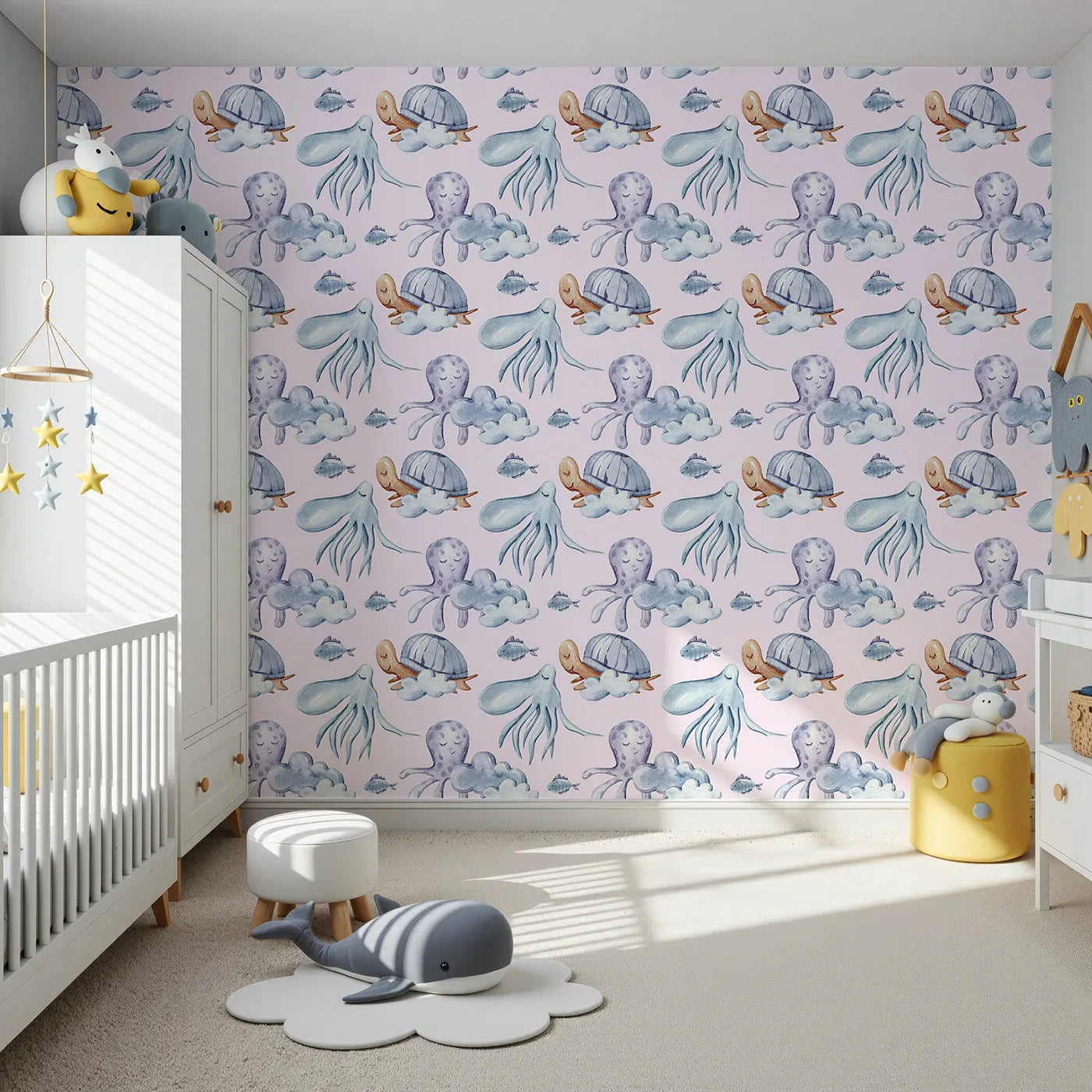 Front view of Whimsy Tots' Ocean Dreams Wallpaper in Blush Pink