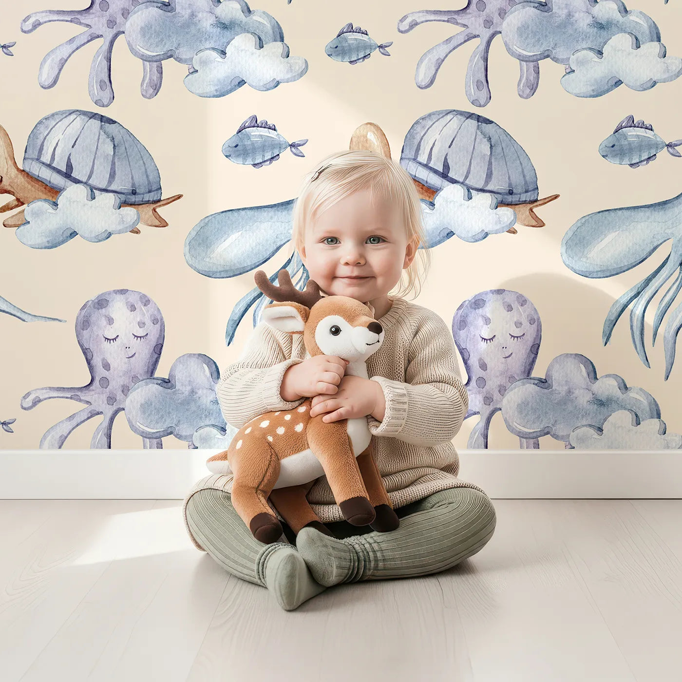 Lovely child standing in front of Whimsy Tots Ocean Dreams Wallpaper in Cream with cloud, turtle, octopus, squid, fish in design.