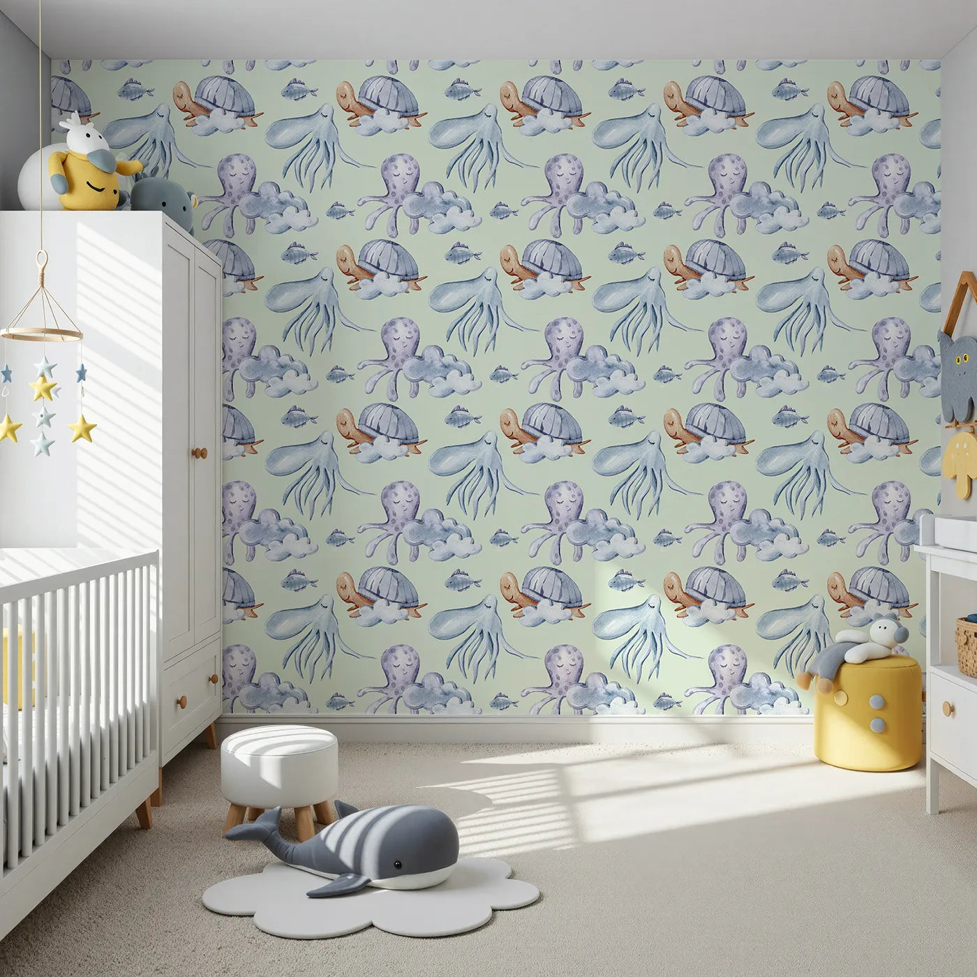 Front view of Whimsy Tots' Ocean Dreams Wallpaper in Mint Green