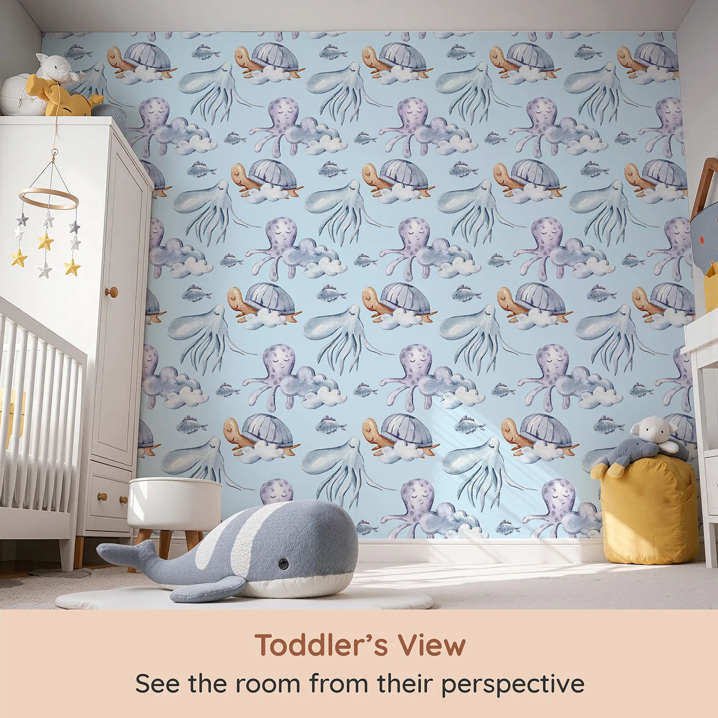 Whimsy Tots Ocean Dreams Wallpaper in Blue (W3281E) from your child's view.Turtles, octopuses, and fish float gently through a soft ocean sky.